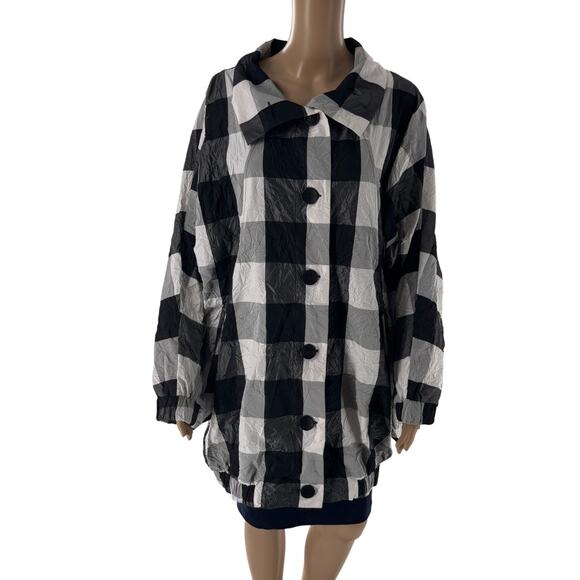 Alembika Black Checkered Gray Button Up Crinkle White Lightweight Jacket - Picture 3 of 11